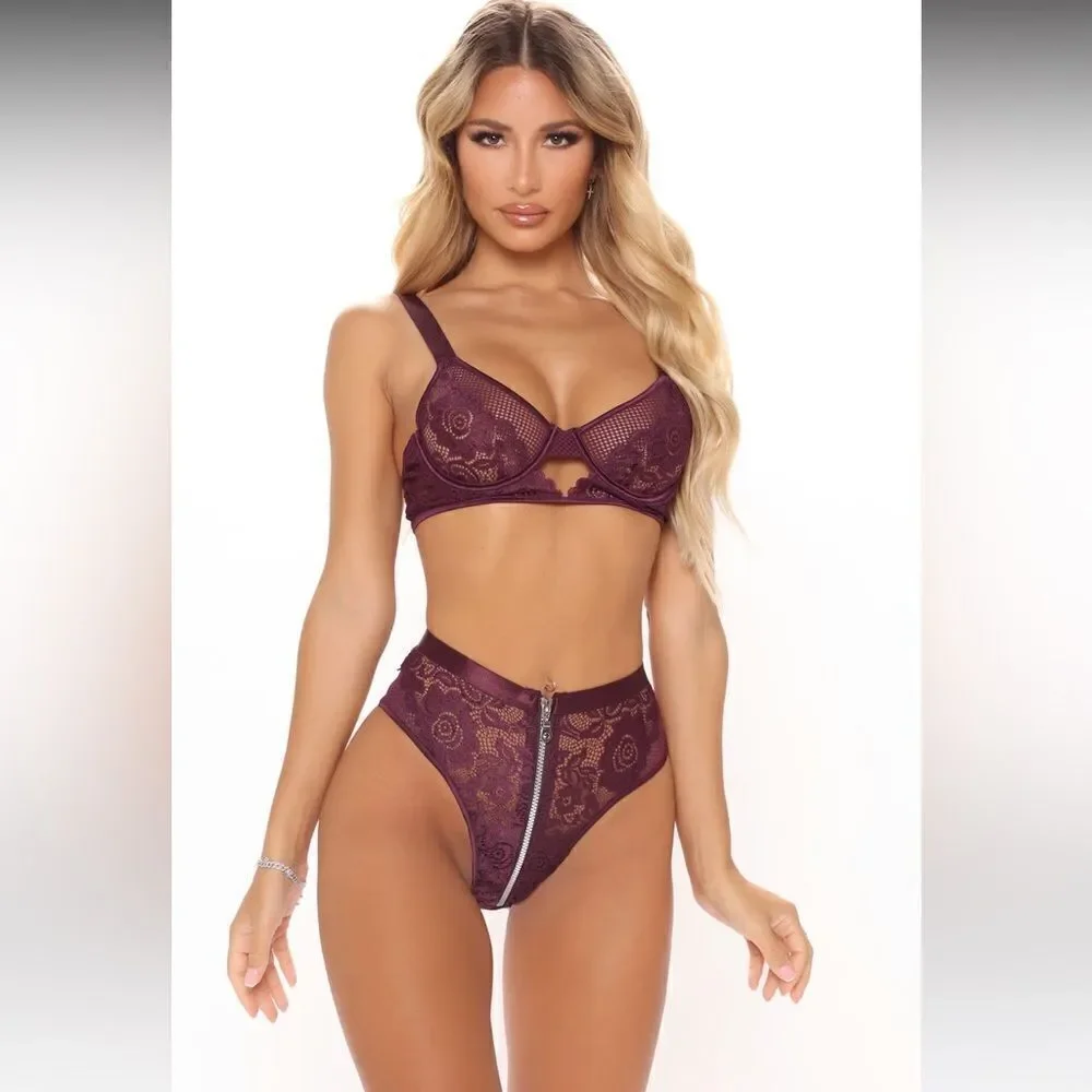 NWT Fashion Nova See You In The Bedroom Lace Zipper 2 Piece Set - Eggplant